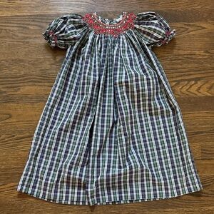 Remember Nguyen Smocked Bishop Dress Christmas Plaid Embroidered Puff Sleeve